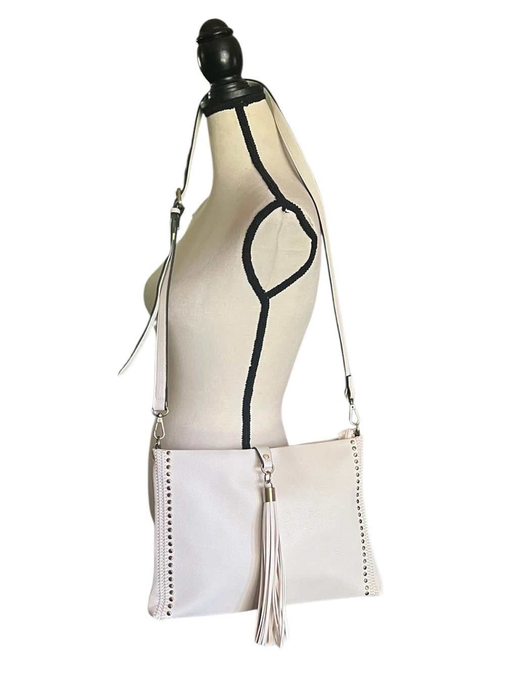 Jen & Co. Marie Foldover Tassel  Studded Grommet White Crossbody.